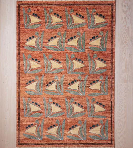 Hand-Knotted Modern Oushak Rug – Turkish Wool Area Carpet with Bold Geometric Floral Design | Custom Sizes Available