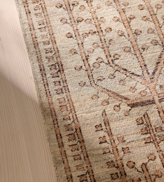 Hand-Knotted Wool Rug – Warm Brown Botanical Tree Design with Tribal Geometric Pattern – 6x9 Vintage Rug