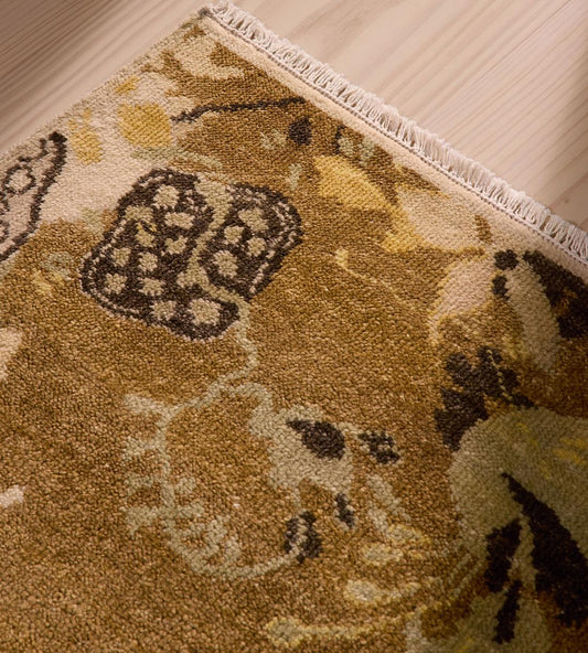 Hand-Knotted Abstract Botanical Oushak Wool Area Rug – Mustard Gold & Olive Green | Turkish-Inspired Boho Décor for Large Rooms