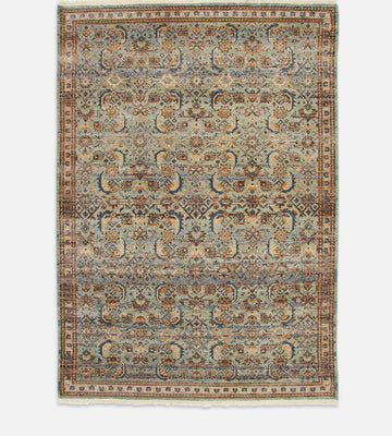 Hand-Knotted Teal & Gold Oushak Rug – Vintage-Inspired Persian Wool Area Rug with Fringes