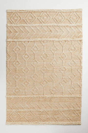 Natural Ivory Jute & Wool Rug – Handwoven Flatweave with Geometric Chevron and Diamond Design