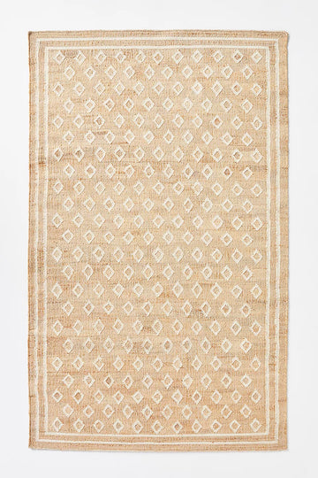 Handwoven Jute & Wool Rug with Diamond Pattern - Natural & Ivory