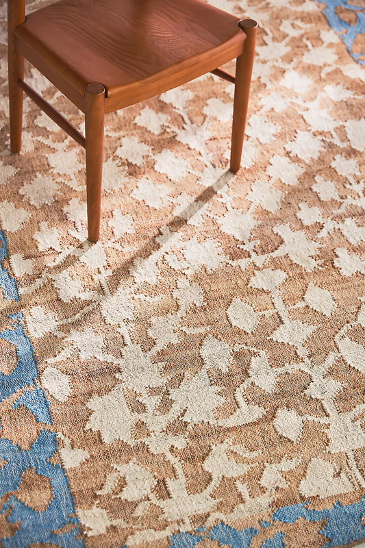 Handwoven Jute & Wool Rug with Floral Border Design - Natural, Blue & Ivory
