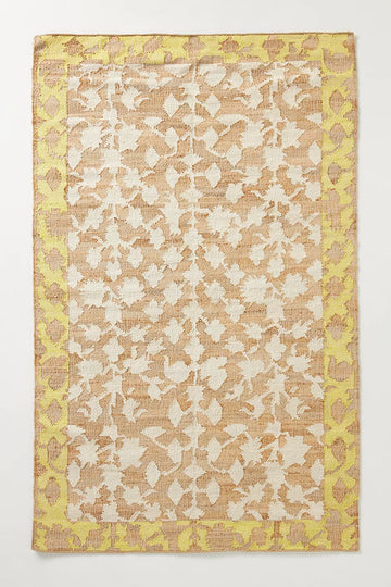 Handwoven Jute & Wool Rug with Floral Border Design - Natural, Yellow & Ivory