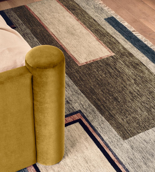 Hand-Knotted Wool Rug – Neutral Earth Tone  Olive Green, Dusty Pink & Slate Blue | Fringe Detail