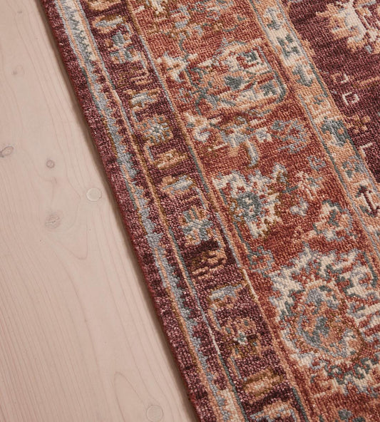 Hand-Knotted Burgundy & Rust Persian-Style Rug with Teal Accents – Vintage-Inspired Floral Area Rug with Fringes (Large Size for Bedroom or Living Room)