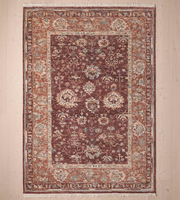 Hand-Knotted Burgundy & Rust Persian-Style Rug with Teal Accents – Vintage-Inspired Floral Area Rug with Fringes (Large Size for Bedroom or Living Room)
