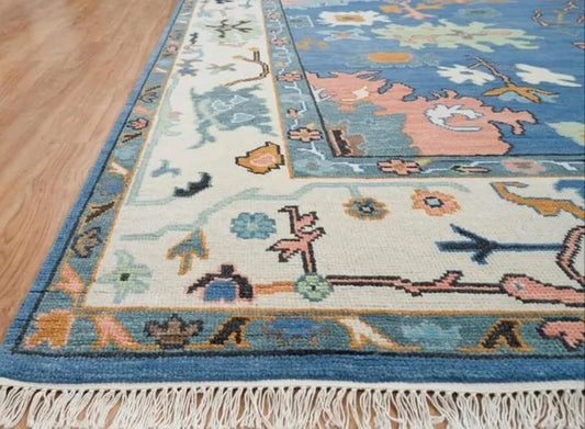 Woven Art | Hand-Knotted Oushak Rug with a Modern Twist in Blue-Green with Orange Accents