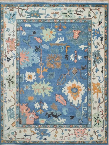 Woven Art | Hand-Knotted Oushak Rug with a Modern Twist in Blue-Green with Orange Accents