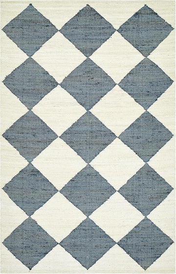 Geometric Diamond Rug – Handwoven Jute & Wool in Blue and Ivory Tones