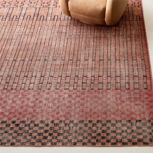 Hand Knotted Bamini Terracotta Geometric Rug Modern Tribal Wool Carpet | Bold Ethnic Pattern Area Rug Bohemian Statement Home Decor Rugs