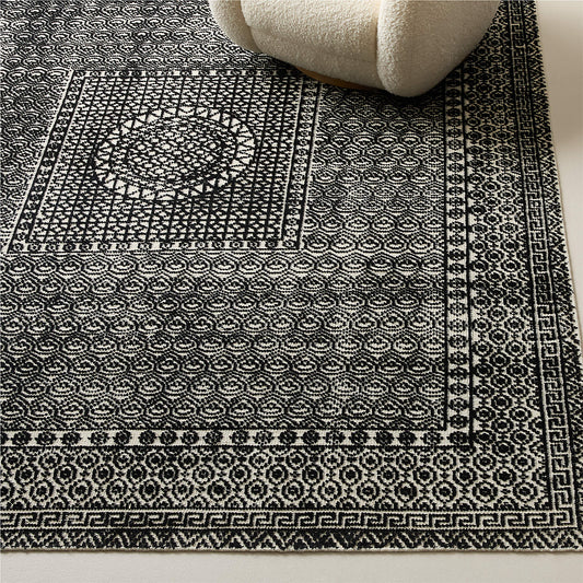 Hand-Knotted Calero Wool Rug – Black & White Bohemian Style, Modern Ethnic Pattern, Timeless Area Carpet