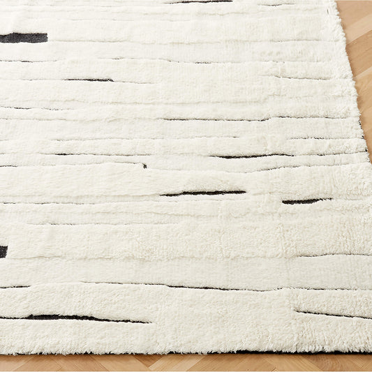 Hand-Knotted Carena Wool Rug – White and Black Moroccan-Inspired Berber Carpet, Contemporary Linear Pattern Area Rug