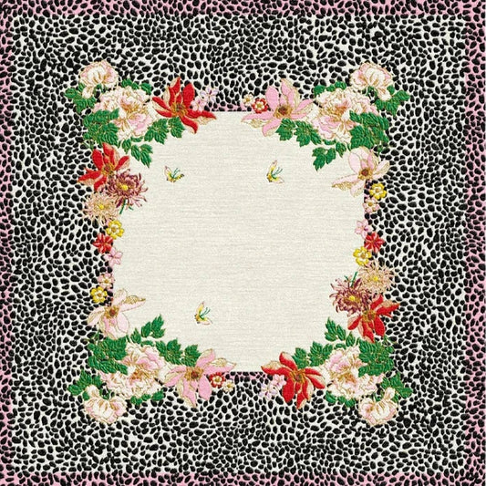 High-Quality Wool Hand-Tufted Floral Border Rug with Leopard Design