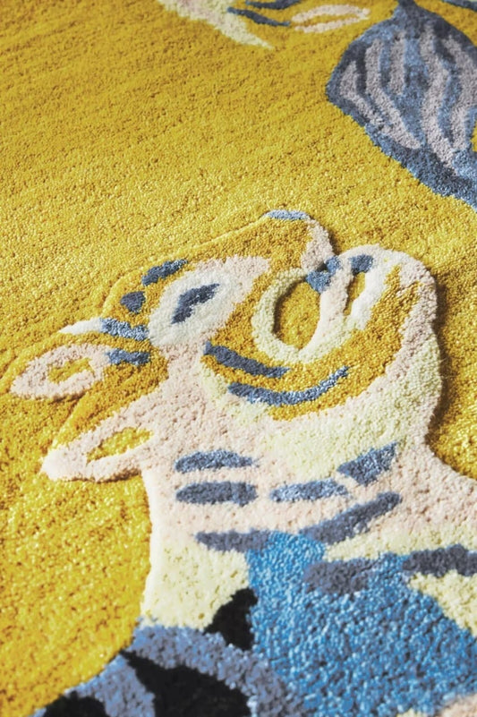 Vintage Tufted Wool Silk Rug Yellow Floral Tiger Snake Design Handmade