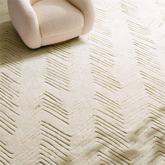 Hand-Knotted Jace Warm White Zig-Zag Viscose Rug – Contemporary Luxury for Modern Living Spaces