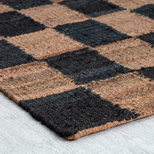 Modern Checkerboard Wool & Jute Rug in Black and Brown – Handwoven Flatweave