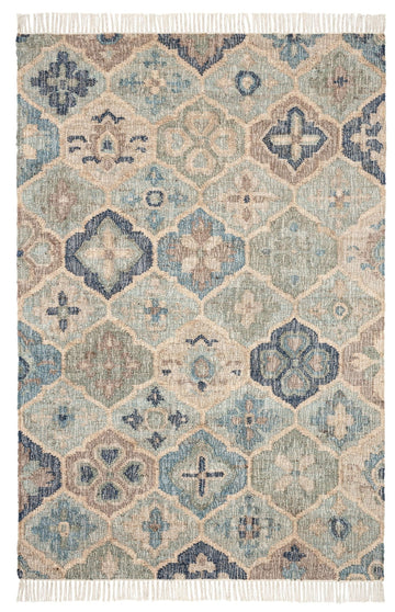Blue & Beige Geometric Medallion Rug – Handwoven Wool-Jute Flatweave