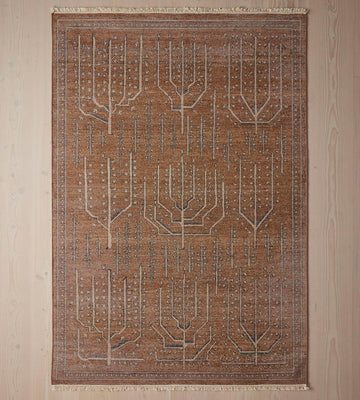 Hand-Knotted Wool Rug in Rust Brown – Botanical Tree & Geometric Tribal Design