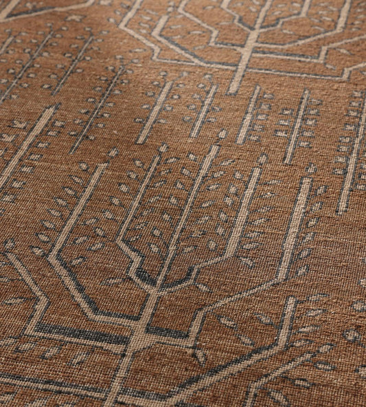 Hand-Knotted Wool Rug in Rust Brown – Botanical Tree & Geometric Tribal Design