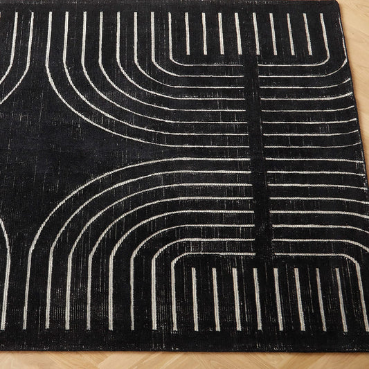 Hand-Knotted Asti Rug – Black & White Wool Carpet, Contemporary Minimalist Geometric Arch Pattern