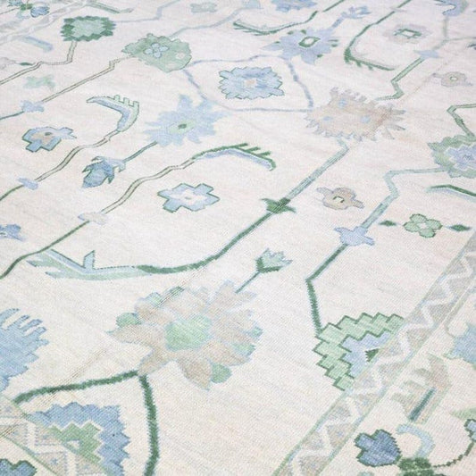 Oceanic Serenity Hand-Knotted Wool Rug – Seafoam and Off-White Oushak Carpet, Premium Handmade Area Rug for Modern Interiors