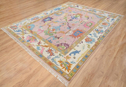 Hand-Knotted Blush Blooms Oushak Rug – Traditional Turkish Wool Area Rug for Living Room & Bedroom Décor