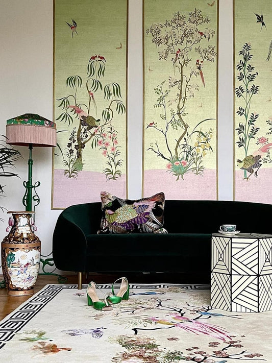 Premium Hand-Tufted Floral Birds Paradise Chinoiserie Garden Rug  – 9x12 ft | Pink &  Blue with Elegant Viscose Accents