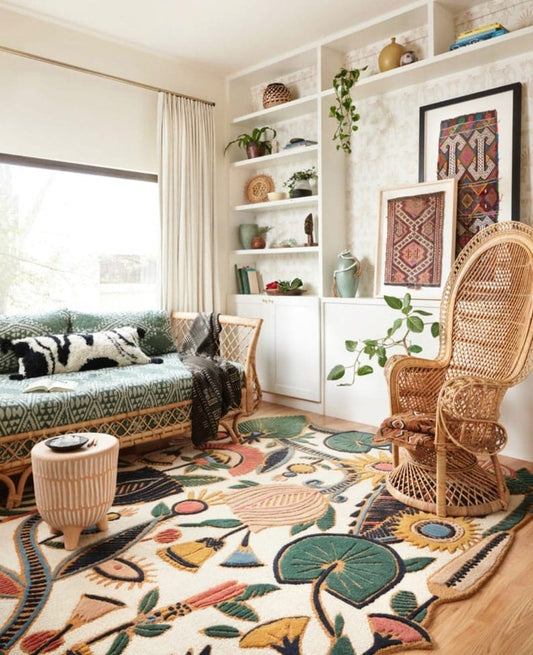 Hand-Tufted Multicolor Botanical Rug, Unique Irregular Shape, Crafted with High Quality Wool