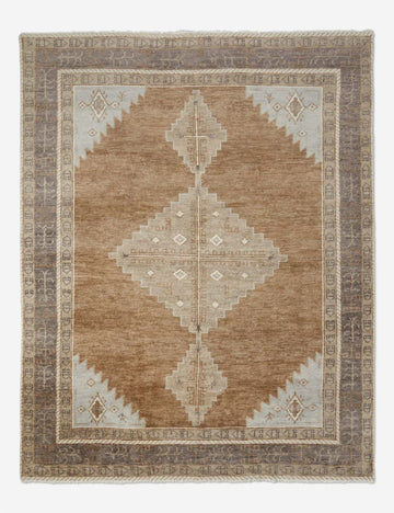 Hand-Knotted Tribal Wool Rug – Warm Brown & Beige Oushak Carpet, Vintage Geometric Design for Living Room & Bedroom