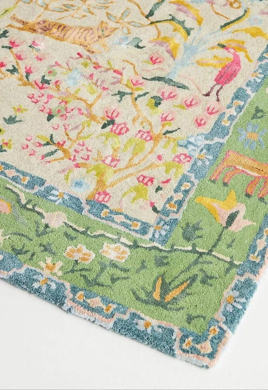 Hand-Tufted Pictorial Wool Rug – Hunting Scene & Jungle Garden Design, Vintage Persian-Inspired Animal Carpet