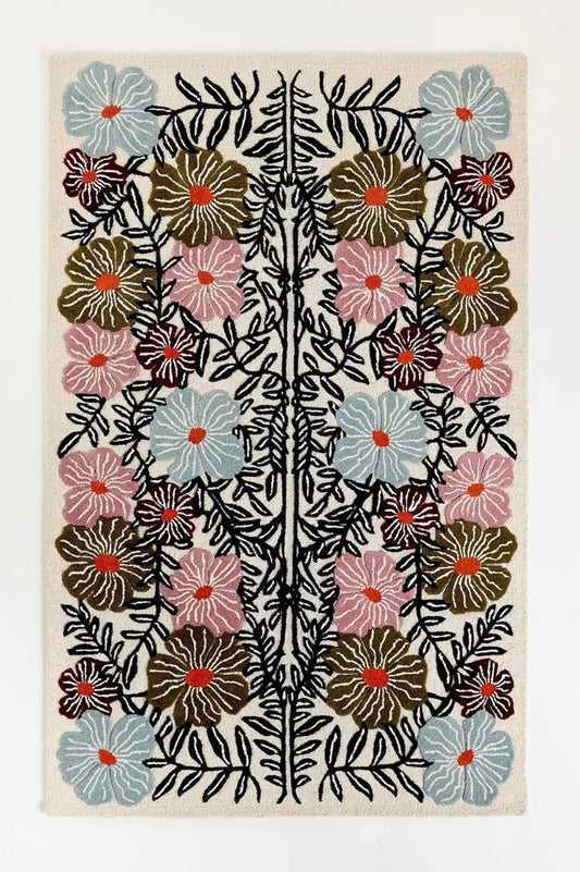 Handmade Wool Rug, Hand-Tufted Colorful Floral Botanical Pattern, Modern Living Room Carpet
