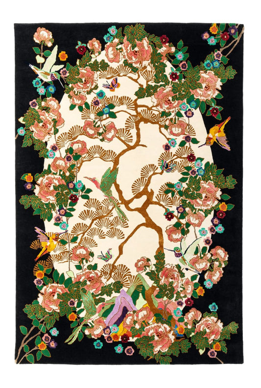 Hand-Tufted Tree of Life Wool Rug – Black & Ivory Floral Pictorial Carpet with Birds, Luxury Statement Area Rug