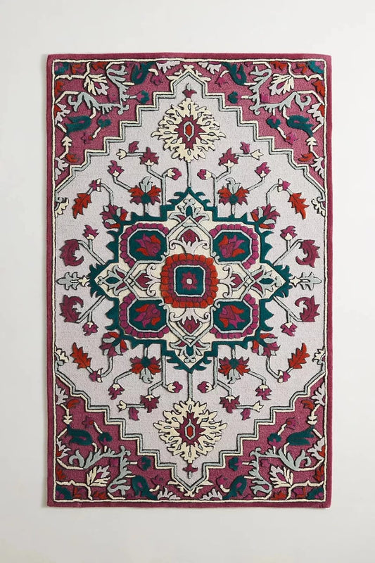 Hand-Tufted Oriental Wool Rug – Magenta & Teal Medallion Floral Design, Traditional Persian-Inspired Carpet