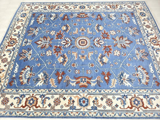 Hand-Knotted Blue Oushak Rug – Turkish Wool Area Carpet | Traditional Oriental Vintage-Style Handmade Rug