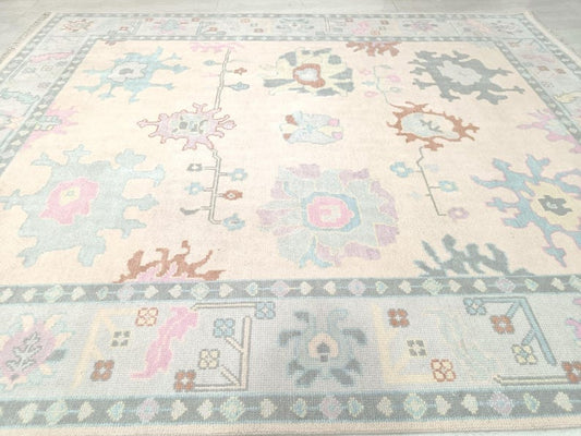 Hand Knotted Oushak Rug | Ivory Beige Wool Area Rug | Pastel Blue & Pink Turkish Oriental Carpet