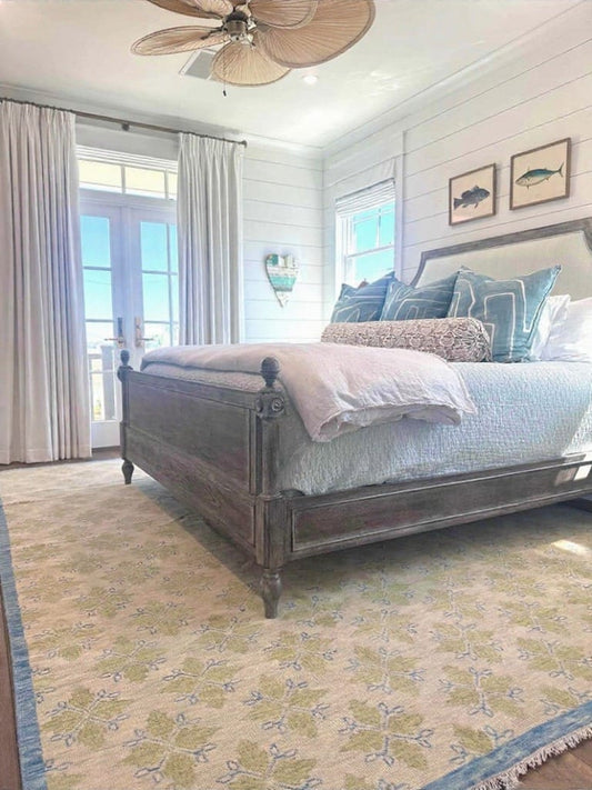 Hand-Knotted Wool Area Rug – Green & Blue Geometric Floral Design | Modern Oriental Handmade Carpet for Living Room & Bedroom Décor