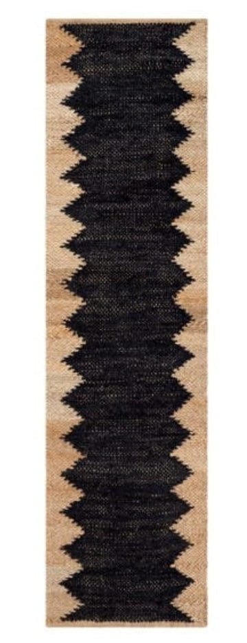 Handwoven Jute & Black Geometric Pattern Runner - Natural & Black