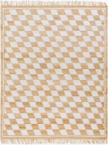 Handwoven Jute & Cotton Rug – Natural & White Diamond Checkered Pattern with Fringe