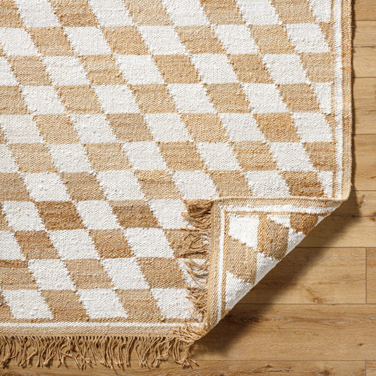 Handwoven Jute & Cotton Rug – Natural & White Diamond Checkered Pattern with Fringe