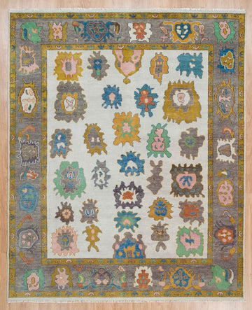 Enchanted Tapestry | Ivory Oushak Rug with Gray Border & Colorful Accents | Wool, Bedroom