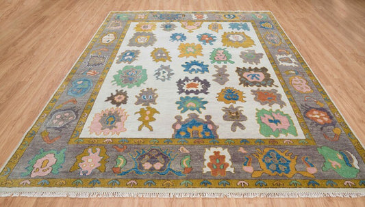 Enchanted Tapestry | Ivory Oushak Rug with Gray Border & Colorful Accents | Wool, Bedroom