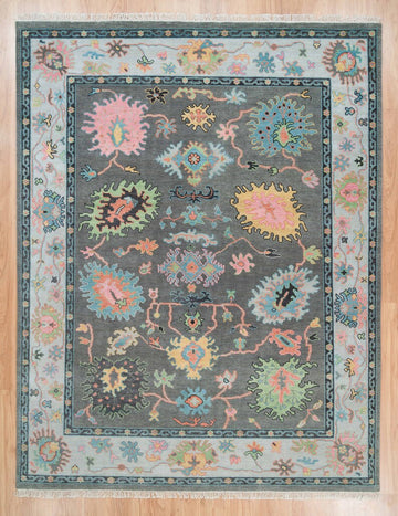 Midnight Garden | Handwoven Dark Grey & Blue Oushak Rug with Pink & Green Accents | Wool, Bedroom