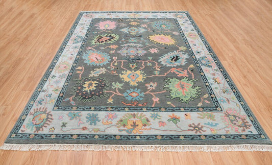 Handwoven Midnight Garden Wool Rug – Dark Grey & Blue Oushak with Subtle Pink & Green Details, Timeless Elegance