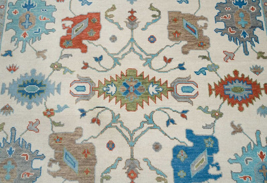 Pink Blue Contemporary Vibrant Turkish Rug | White Blue Oushak Area Rug | Blue Pink Wool Rug in Graphite Details