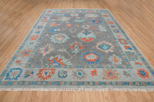 Hand Knotted Custom Oushak Rug Gray Base with Vibrant Accents, 5x8, 8x10, 9x12