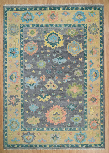 Hand Knotted Custom Oushak Rug Gray Base with Vibrant Accents, 5x8, 8x10, 9x12