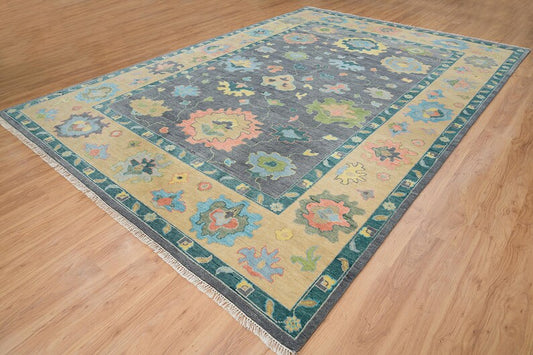 Hand-Knotted Custom Oushak Area Rug – Elegant Gray Foundation with Colorful Accents,