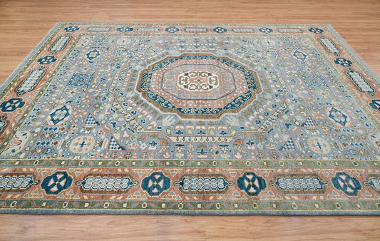 Hand-Knotted Silver Grey Oriental Rug with Rust Border – Timeless Luxury for Living Rooms