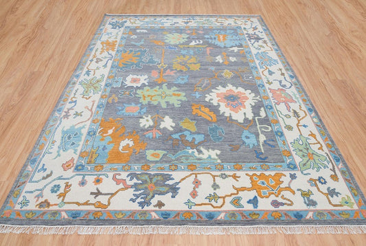 Woven Art | Hand-Knotted Oushak Rug with a Modern Twist in Blue-Green with Orange Accents